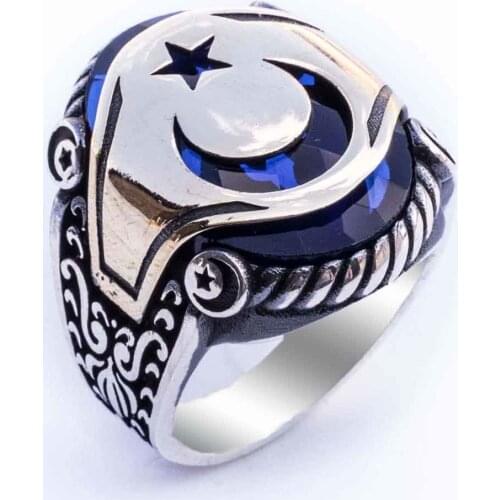 925 Sterling Silver Ring for Men with Blue Zircon Stone and Moon Star Design