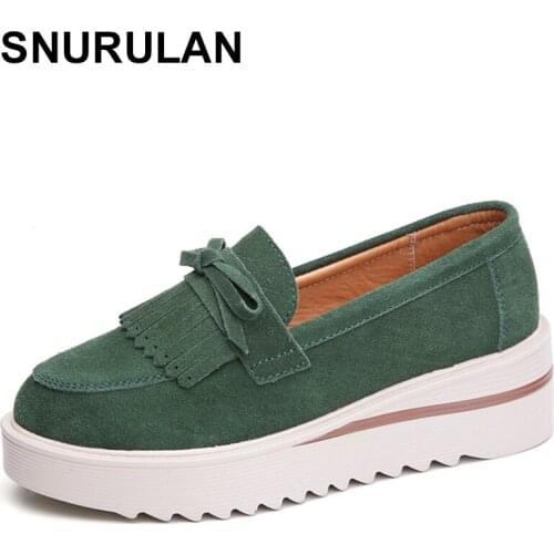 SNURULAN Spring Autumn Women Loafers Flat Platform Butterfly-Knot Moccasins Genuine Leather Fringe Tassel Slip on Casual Shoes