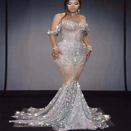 Sexy Silver Sequins Rhinestones White Fringes Dress Womens Birthday Prom Celebrate Costume Bar Evening Women Dancer Dress