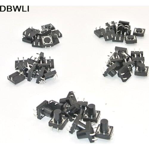 5 Values 50pcs 12X12x4.3/5/6//8/12mm Tactile Push Button Switch DIP 4P Micro Switch Momentary Tact Switch Assortment Kit set