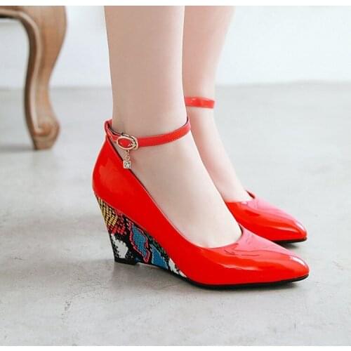 PXELENA Vogue Wedge High Heel Shoes Women Patent Leather Shallow Ankle Strap Party Dress Office Ladies Pumps Spring Plus Size
