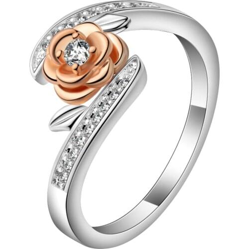 UFOORO Romantic Rose Gold Flower Ring Female White CZ Zirconia Wedding Bands Promise Engagement Ring For Women Jewelry Anillos