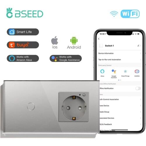 BSEED Smart Wifi 1Gang Touch Switch EU Standard Socket Google Alexa Crystal Glass Panel Wifi Light Switch 1/2/3 way App Control