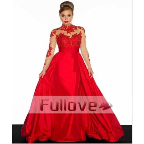 Gorgeous Red Long Sleeve Crystal Satin Evening Dresses 2019 High V-Neck See Through Formal Pary Gown Vestido De Festa Kaftan