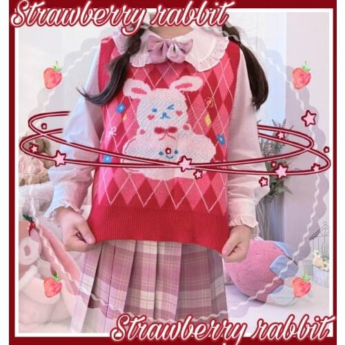 Japanese Sweet Preppy Style Women JK Soft Girl Vest Sweater O-Neck Kawaii Cartoon Rabbit Knitting Pullovers Sleeveless Sweater