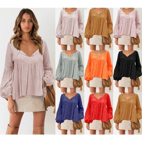 Autumn T-Shirts Women Long Puff Sleeve Solid Color Sexy Loose Style Spring Casual Female Blouse Hot Ins Fashion Streetwear C2747