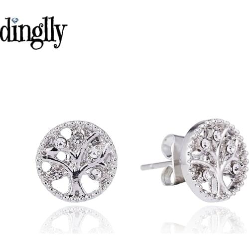 Dinglly Silver Color Tree Of Life Earrings For Women Girl Round Stud Earrings Jewelry Friends Couple Birthday Gift Anti Allergy