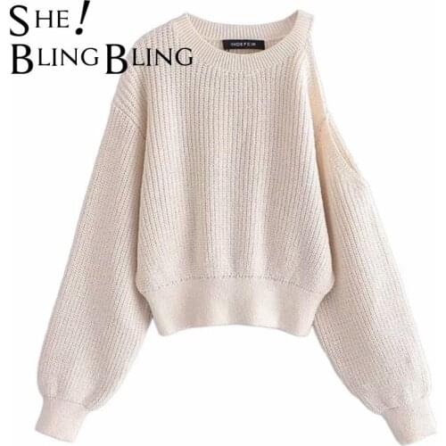 SheBlingBling Za Woman Y2k Sweater Loose Lazy Style Asymmetrical one shoulder Pullovers Puff Sleeve Traf Sweater Outerwear Tops