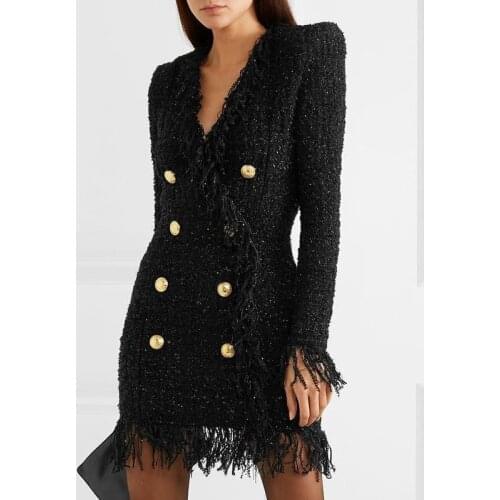 Women Blazer Dress Double Breasted Tassels Spring Autumn High Waist Tunic Woolen Dress
