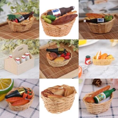 1Set 1:12 Dollhouse Miniature Food Wine Bottle Bread Vegetable Fruit Food Bamboo Basket For Doll Kitchen Decor
