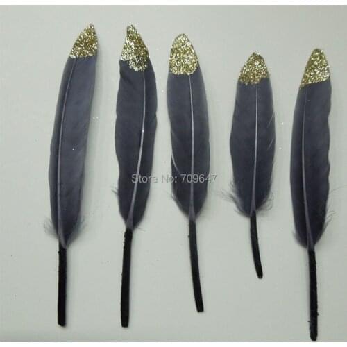100pcs/lot!Dark gray Duck Cochettes feathers with hand-dipped in gold&glitter.Good material for wedding headpieces, headbands
