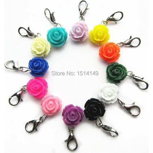 24pcs mix 12 color rose flower dangle charms hanging lobster clasp charms for floating lockets Diy jewelry accessory