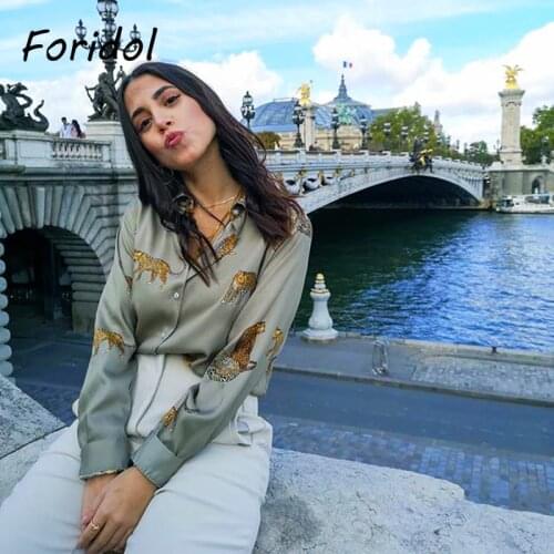 Foridol Animal Print Satin Blouse Shirt Button Up Ladies Long Sleeve Leopard Blouse Tops Spring Autumn Vintage Office Tops 2021