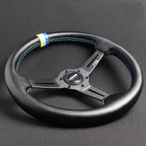 Car Refitting 350mm Tricolor Stripe Tricolor Line Leather Aluminum Alloy Concave Black Frame Racing Universal Steering Wheel