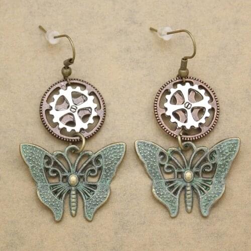 Retro Gold Patina Butterfly Watch Clock Gear Lolita Steampunk Drop Dangle Earrings Women Oorbellen Jewelry Orecchini