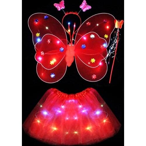 Children Fairy Costume Props Girls Skirts Headband Magic Wand Angel Luminous Wings Flashing Angel Butterfly Skirt Lights Suit