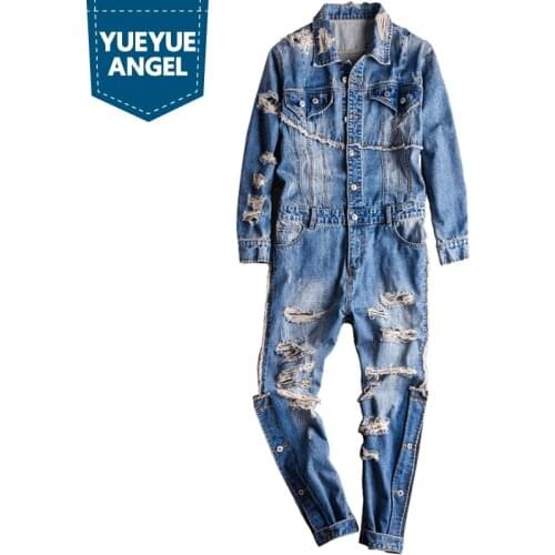 New Denim Jumpsuits Mens Fashion Hip Hop High Street Turn-Down Collar Long Sleeve Playsuit Vintage Overalls 2021 Autumn New