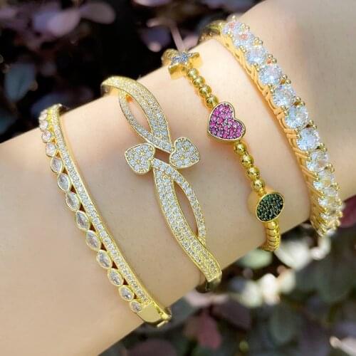 FLOLA Gold Heart Bracelets For Women Copper Zircon Crystal White Stone Tennis Bracelet Luxury Jewelry brtd48