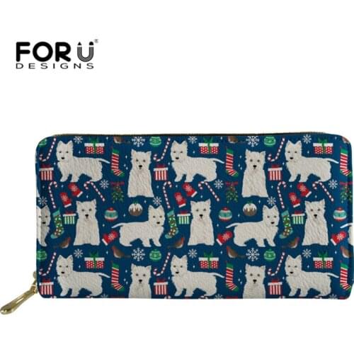 FORUDESIGNS Christmas Westie Dog Print Women Long Wallets PU Purse Clutch Bag Card Holder New Fashion Zipper Gift Purse