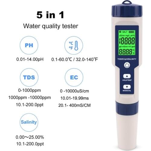 5 in 1 TDS/EC/PH/Salinity/Temperature Meter Digital Water Quality Monitor Tester for Pools, Drinking Water, Aquariums