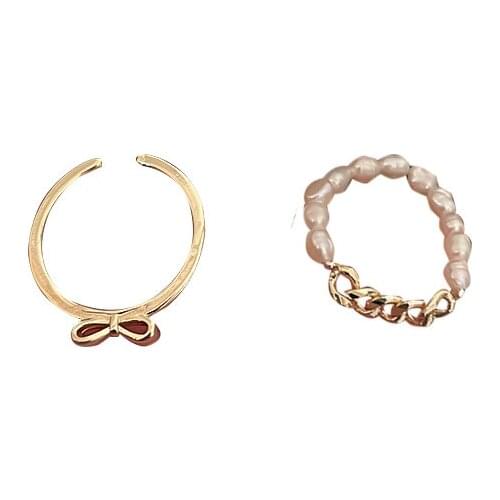 RZ049 Fashion Simple Personality Ring Pearl Bow Two-Piece Ring