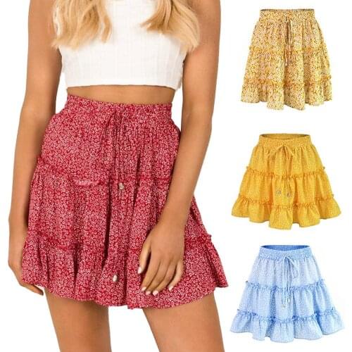 Summer Beach Women Bohemian Flower Print Ruffled High Waist A Line Mini Skirt