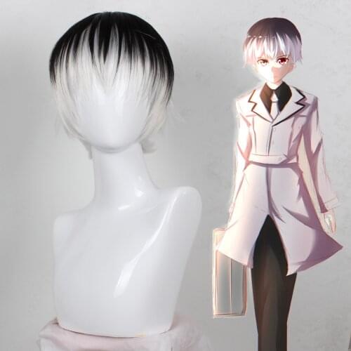 HOT! Anime Tokyo Ghoul Re Kaneki Ken Sasaki Haise Black White Mix Short Synthetic Hair Halloween Cosplay Costumes Wigs + Wig Cap