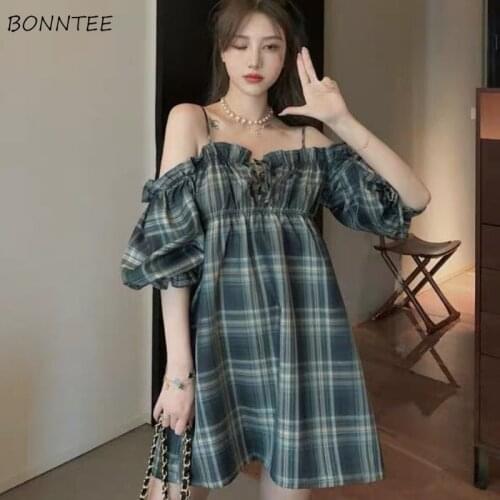 Fashion Dress Women Plaid Slash Neck Summer Mini Sweet Sexy Empire Off Shoulder Korean Style Loose Cozy Street Female Students