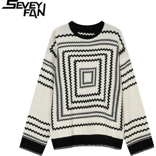 SEVEYFAN Mens Pullover Sweater 2021 New Loose Pullover Mens Geometric Pattern Round Neck Pullover