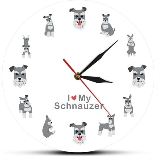 I Love Schauzer Dog Breed Wall Decor Hanging Watch Miniature Schnauzer Cartoon Puppy Pet Printed Wall Clock Schnauzer Owner Gift