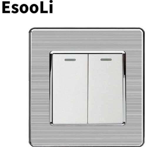 Esooli 2 Gang 1 Way Luxury Light Switch On / Off Wall Switch Interruptor Stainless Steel Panel AC 110~250V Push button switch