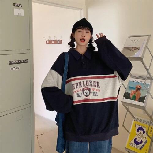 2021 New Retro POLO Collar Bear Stitching Sweater Female Student Top plus size hoodies sweatshirt women crewneck sweatshirt