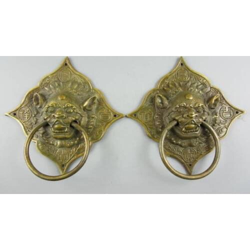 A Pair of Elaborate Chinese Classical Collectible Decorated Old Handwork Copper Beast Statue Door Knocker