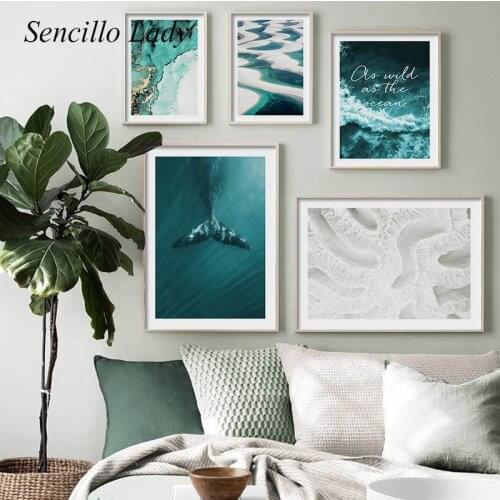 Green Ocean Waves Whale Canvas Poster Aerial View Seascape Painting Art Print Landscape Artwork Picture Nordic Home Wall Decor