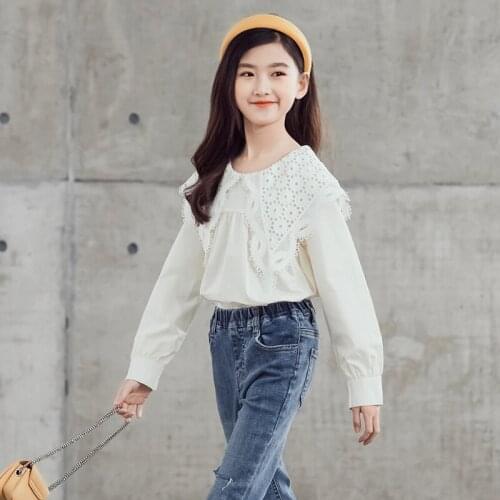 Teen Girl Elegant Lace Collar Cotton Shirts 2021 Fall Long Sleeve Fashion Girls White Tops 8 10 12 13 14 years
