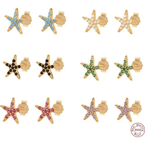 Piercing Aretes 925 Sterling Silver Five-pointed Star Stud Earring For Women Colorful Zircon Cartilage Earlobe Buckle Earrings