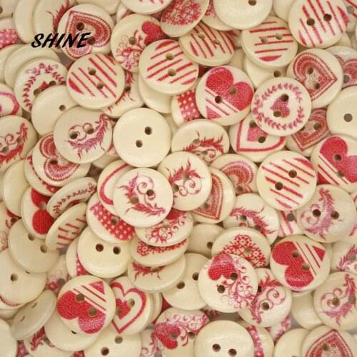 SHINE Brand 50Pcs/Lot Round Wooden Buttons Red Heart 15mm Mixed Random DIY Craft Scrapbooking Sewing Accessories W10042