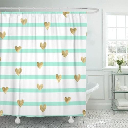 Mint Striped Pattern Gold Hearts Abstract Clip Love Modern Shower Curtain Waterproof Fabric 72 x 72 Inches Set with Hooks
