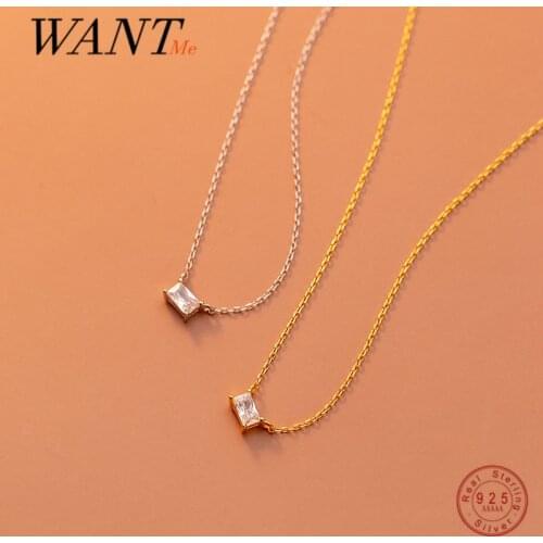 WANTME 925 Sterling Silver Simple Square Zircon Link Chain Pendant Necklace for Women Teen Chic Party Wedding Clavicle Jewelry