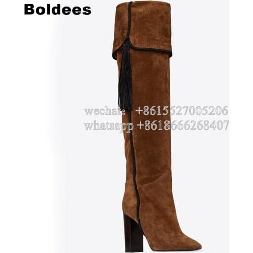 Tassel Suede Leather Knee High Women Winter Boots Fashion Folded Design Tassel Block Heeled Booty