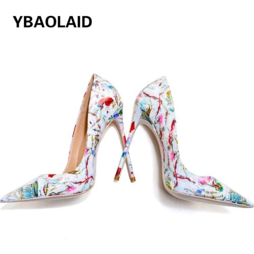 New 12cm Graffiti Glossy Catwalk Stiletto High Heel Womens Shoes with Pointed Toe and Shallow Mouth Set Sexy High-heeled Shoes
