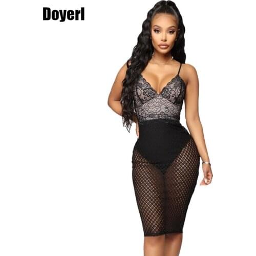 Elegant Patchwork Vintage Black Lace Dress Women Sexy Bodycon Dress Sleeveless V Neck Strap Midi Sheer Mesh Party Club Dress