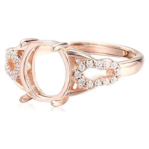 Ring Setting for 8x9mm Oval Cabochons Ring Base Rose Gold Plated 925 Silver Zircon Adjustable Ring Blank SR0397
