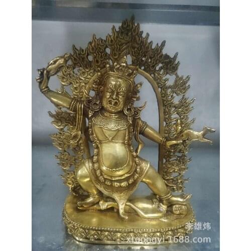 13" Tibet Temple Brass Mahakala Wrathful Deity On Deer Hold Sowerd Buddha Statue