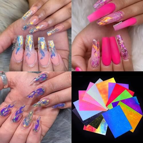 16pcs 3D Glitter Nail Stickers Foil Transfer Decals Laser Holographic Flame Hollow Designs DIY Tips Nail Art Decorations Set