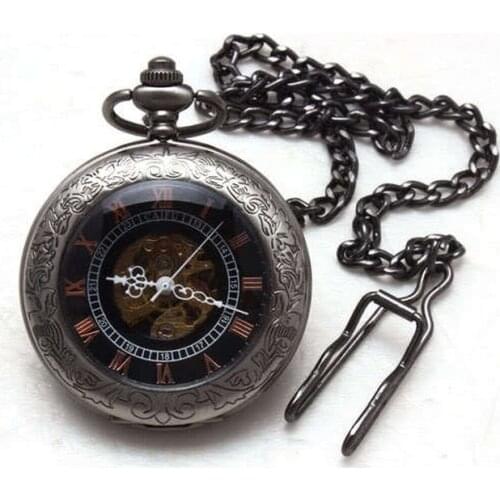 8017B) ozen Punk Jet Black Roman Number Mechanical Pocket Watch , 6 pcs/lot