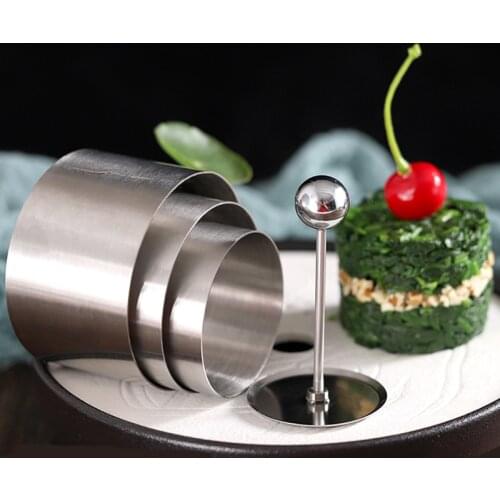 4PCS Stainless Steel Round Cold Dish Mold with Push Board Kitchen Hotel Creative Dish Tool Salad Dish Fried Rice Shaping Mold