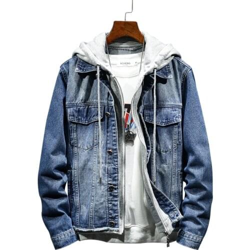 Mens Jacket Blue Hooded Zipper Mens Denim Jacket Spring And Autumn Mens loose Casual Coat Doutique Mens Upper Clothes