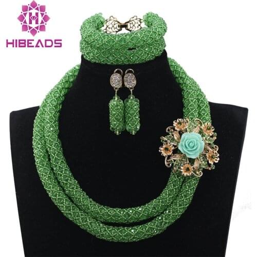Lemon Green African Beads Jewelry Set 2 Layers Nigerian Wedding Crystal Costume Rope Necklace Set Free ShippingABH156