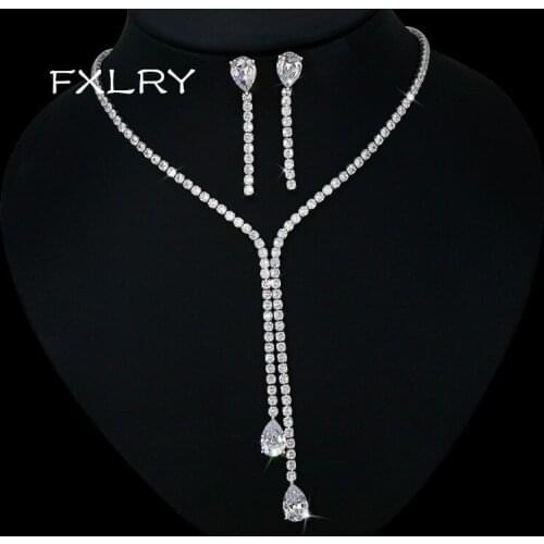 FXLRY Fashion Elegant White/Pink Cubic Zirconia Earring And Necklace For Bridal Wedding Jewelry Set